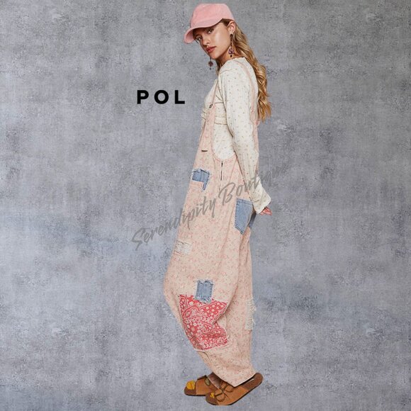 POL Farmers Suspender Overalls Wide Leg Floral Patchwork Denim Bib Overalls - Picture 3 of 11